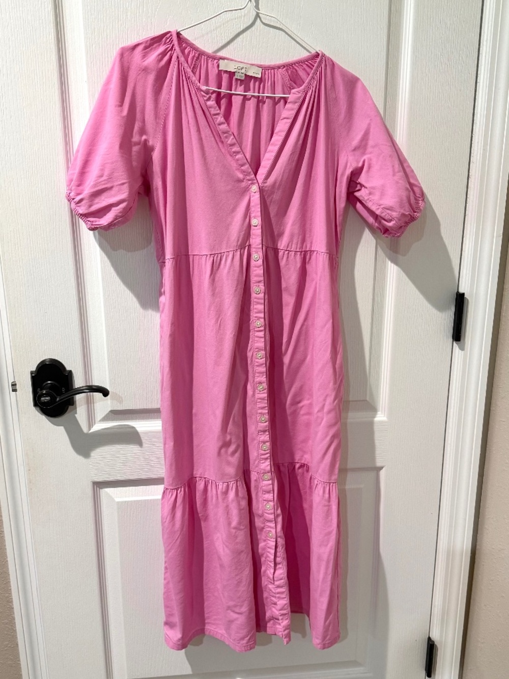 Loft Pink Button Down Minimalist MIDI Dress with Puff Sleeves. Sz S